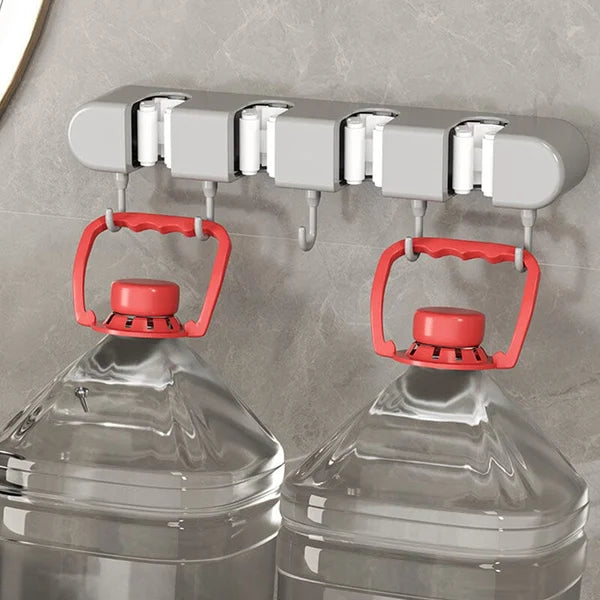 4 Slot & 5 Hook Wall Mounted Holder For Mop, Broom, Kitchen, Garden
