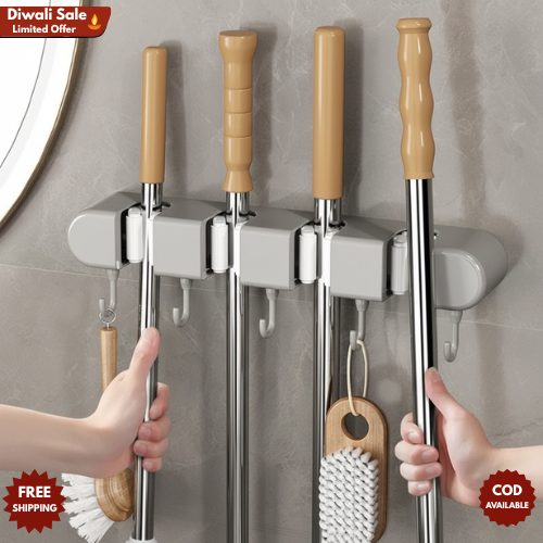 4 Slot & 5 Hook Wall Mounted Holder For Mop, Broom, Kitchen, Garden